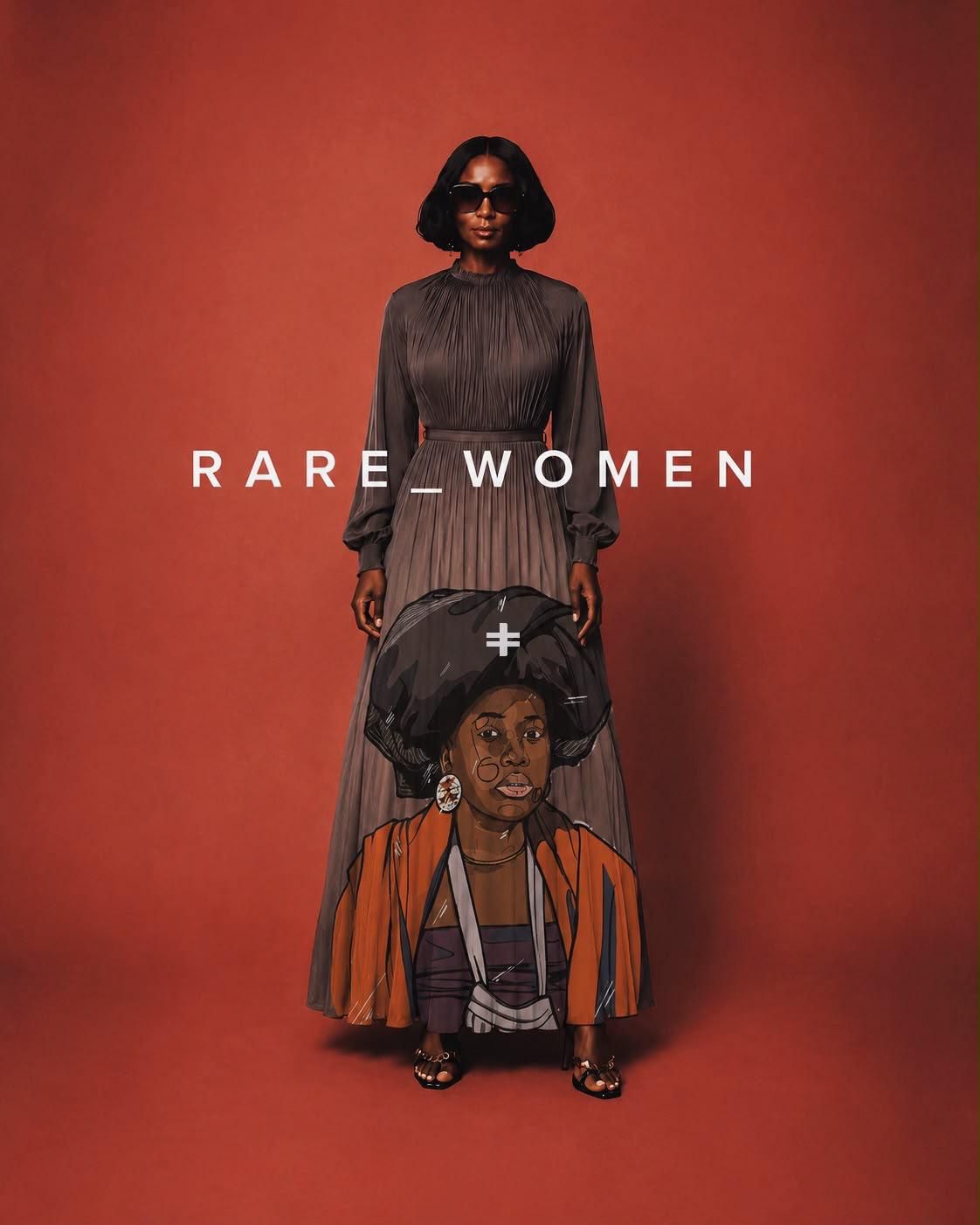 Close view of the expressive portrait artwork and pleated form in the RARE_WOMEN campaign